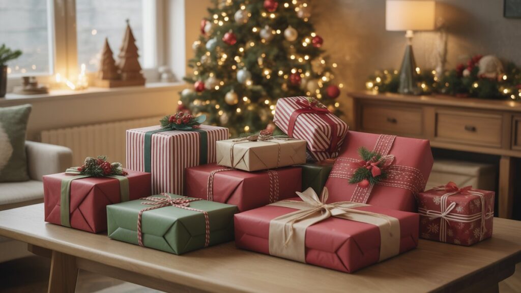Realistiškas, daugybė gražiai apvyniotų kalėdinių dovanų ant šilto medinio stalo, šventinis apšvietimas, jaukus namų aplinka, rami atmosfera.