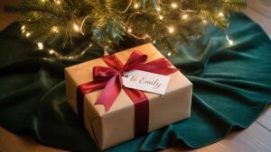 Realus vienos, elegantiškos kalėdinės dovanos, apvyniotos atsargiai, kadras, pastatytas po šiltu, švelniai švytinčiu šventiniu medžiu.