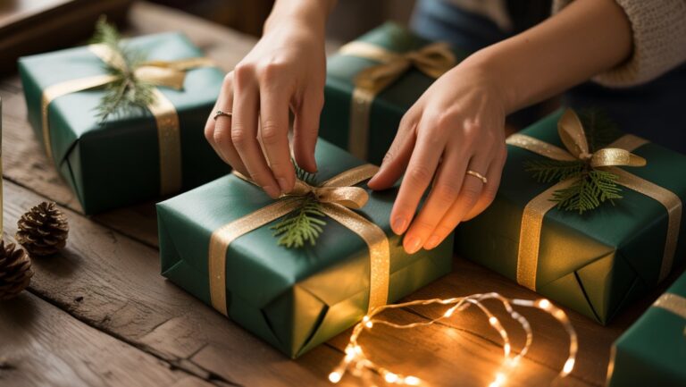 Rankų iš arti, švelniai išdėstytos gražiai apvyniotos kalėdinės dovanos ant jaukaus medinio stalo, šiltas šventinis apšvietimas, tikroviška nuotrauka.