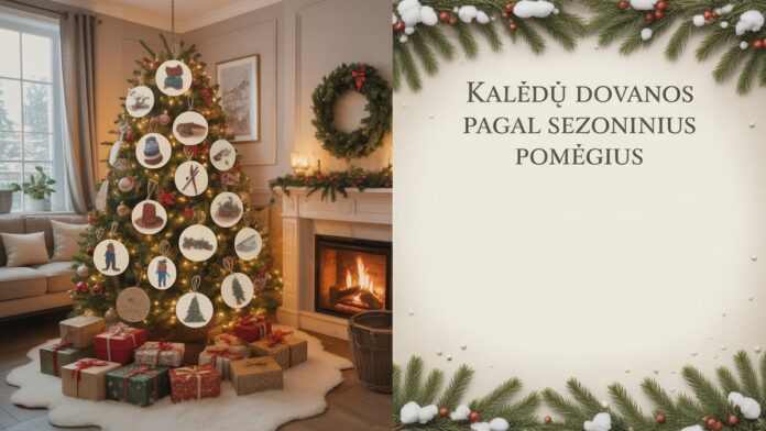 REALISTIC style image depicting 'Kalėdų Dovanos Pagal Sezoninius Pomėgius' - Raskite šventines Kalėdų dovanas, kurios puikiai t