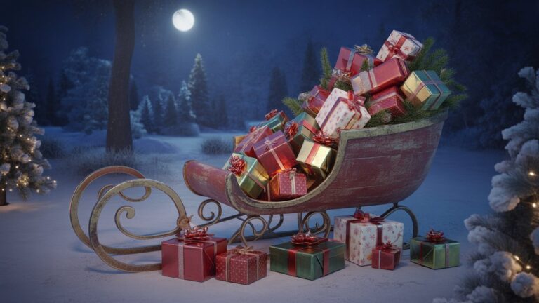 Įvairi, meniškai išdėstyta gyvybingai apvyniotų kalėdinių dovanų kolekcija, išsiliejusi iš kaimiškų, puošnių rogių snieguotame mėnulio miške. Fotorealistinis, magiškas, platus kadras.