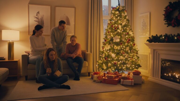 Jauki gyvenamojo kambario scena su elegantiškai apvyniotomis kalėdinėmis dovanomis po švytinčiu medžiu, šeima susirinko, šiltas auksinis apšvietimas, fotorealistinė, šventinė atmosfera.