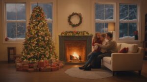 Jauki kalėdinių gyvenamųjų kambarių scena su apvyniotomis dovanomis po dekoruotu medžiu, šeimos susibūrimas aplink židinį, šiltas auksinis apšvietimas, sniegas, nukritęs už mažintų langų, fotorealistinė atostogų atmosfera.