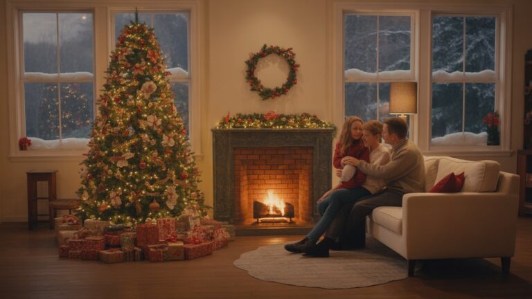 Jauki kalėdinių gyvenamųjų kambarių scena su apvyniotomis dovanomis po dekoruotu medžiu, šeimos susibūrimas aplink židinį, šiltas auksinis apšvietimas, sniegas, nukritęs už mažintų langų, fotorealistinė atostogų atmosfera.
