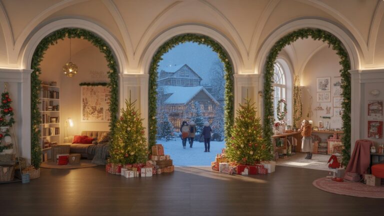 Panoraminė, šventinė kalėdinė dekoruota Didžioji salė, subtiliai atskleidžianti įvairius džiaugsmingus išgyvenimus per elegantiškas arkas: jaukus skaitymo užkampis, nuotykių kupina žiemos scena, kūrybinė dirbtuvė. Fotorealistinis, šiltas aplinkos apšvietimas.