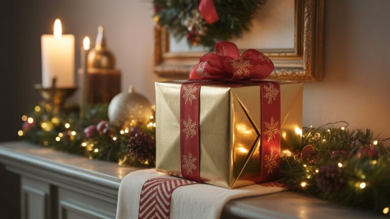 Kruopščiai suvyniota, elegantiška dovanų dėžutė, pastatyta ant jaukios atostogų mantijos, jo šiek tiek atidarytas dangtis atskleidžia minkštą, platų spindesį, užuominą į įvairiapusę, nepamirštamą patirtį. Fotorealistinis, šiltas šventinis apšvietimas, platus kadras.