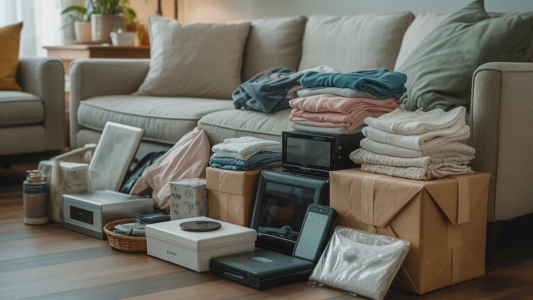 Realistiška įvairių, tvarkingai išdėstytų nepageidaujamų dovanų, tokių kaip nenaudojama elektronika, drabužiai ir maži namų apyvokos daiktai, laukia aukos, nuotrauka su švelnia natūralia šviesa.