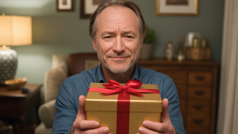 Realus suaugusiojo portretas, gavęs absurdiškai netinkamą ar bendrą dovaną, parodantį subtiliai priverstinę šypseną ir tikrą nusivylimą.