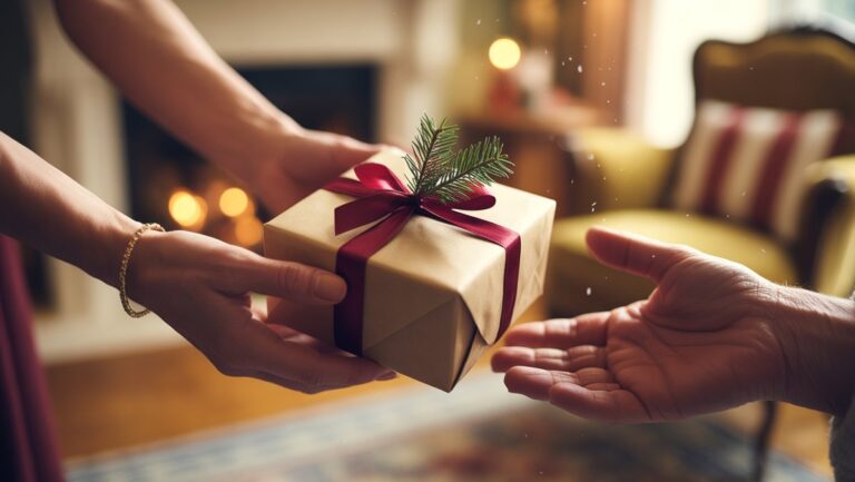 Realus rankų iš arti, švelniai apsikeitęs gražiai suvyniota dovana, minkšta, šilta šviesa, pabrėžianti tikrą ryšį ir nuoširdžias emocijas.