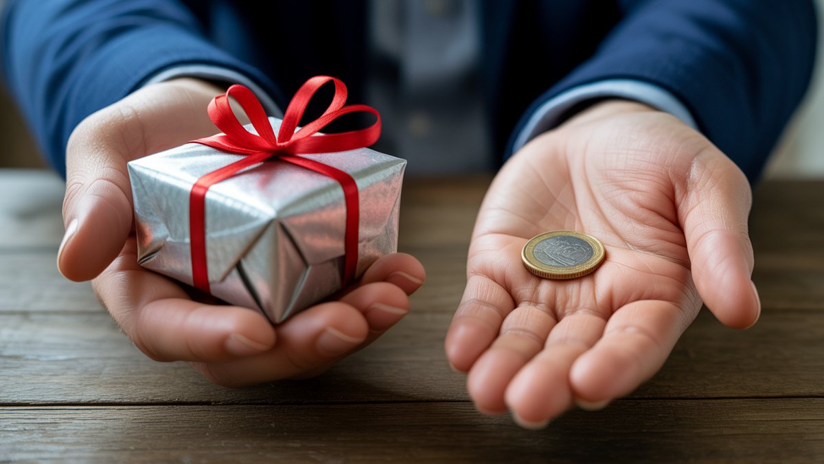 Realus rankų iš arti, vienas subtiliai siūlo gražiai suvyniotą dovaną, kita-vienos monetos, perteikiančios vidinę ir piniginę vertę.