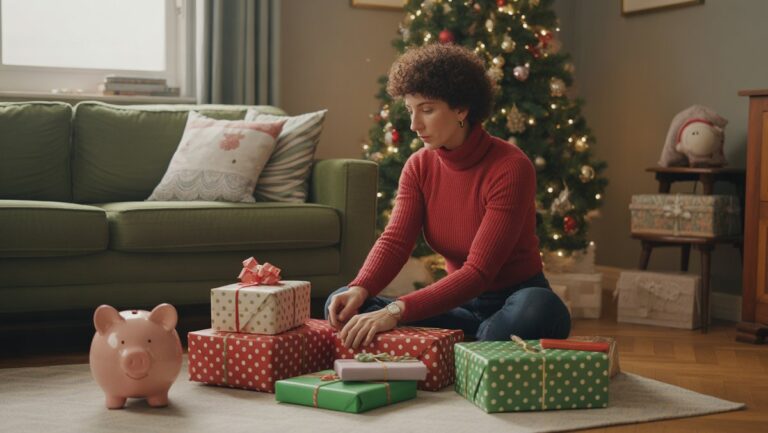 Žmogus, apgalvotai organizuojantis gražiai apvyniotas dovanas jaukiuose namuose su netoliese esančiu diskretišku piggy banku, pabrėždamas ramų ankstyvą apsipirkimą ir santaupas, realistiškas.