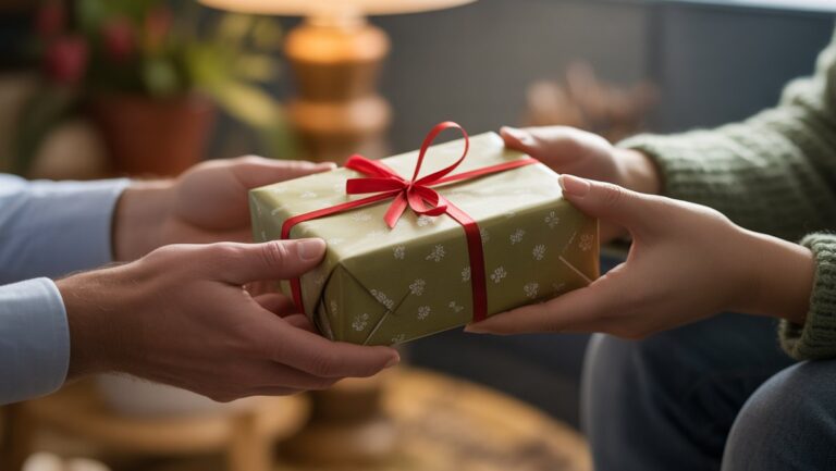 Realistiškas, intymus dviejų rankų iš arti, keičiantis apgalvotai apvyniota dovana, užfiksuojant subtilų abipusio ryšio jausmą ir neišsakytą numatymą, šiltą aplinkos šviesą.