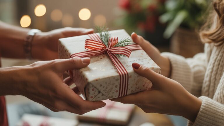 Realistiškas rankų iš arti keičiantis gražiai suvyniota, subtiliai suasmeninta dovana, šilta šviesa, sekli lauko gylis, perteikiantis tikrą ryšį ir gilias emocijas.