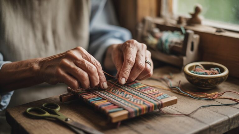 Realistiška nuotrauka: Senę rankos, kruopščiai sukuriančios tradicinį Lietuvos liaudies meno objektą, pabrėžiant sudėtingas detales ir šiltą, autentišką atmosferą.