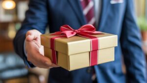 Realistiška profesionalaus verslo vadovo rankos nuotrauka, gavusi elegantišką, individualizuotą dovanų dėžę, simbolizuojančią įvertinimą ir tvirtus įmonių santykius.