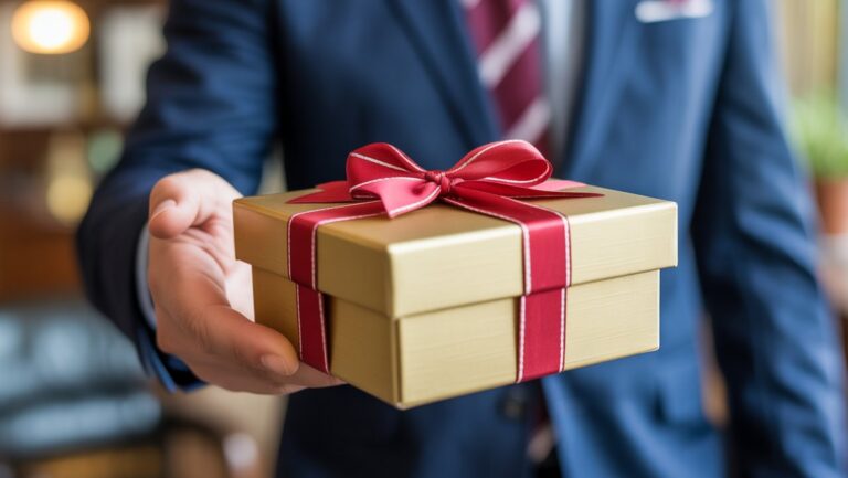 Realistiška profesionalaus verslo vadovo rankos nuotrauka, gavusi elegantišką, individualizuotą dovanų dėžę, simbolizuojančią įvertinimą ir tvirtus įmonių santykius.