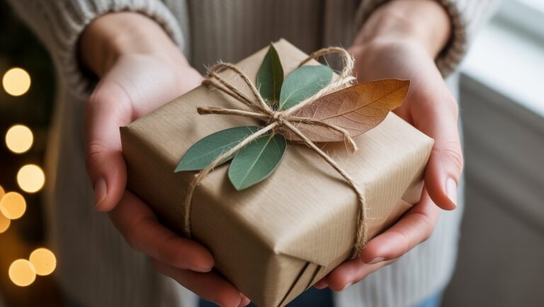 Realistiška rankų nuotrauka, švelniai laikant gražiai suvyniotą ekologišką dovaną su natūraliomis medžiagomis, tokiomis kaip virvės ir džiovintų lapų, šiltoje, švelnioje šviesoje.
