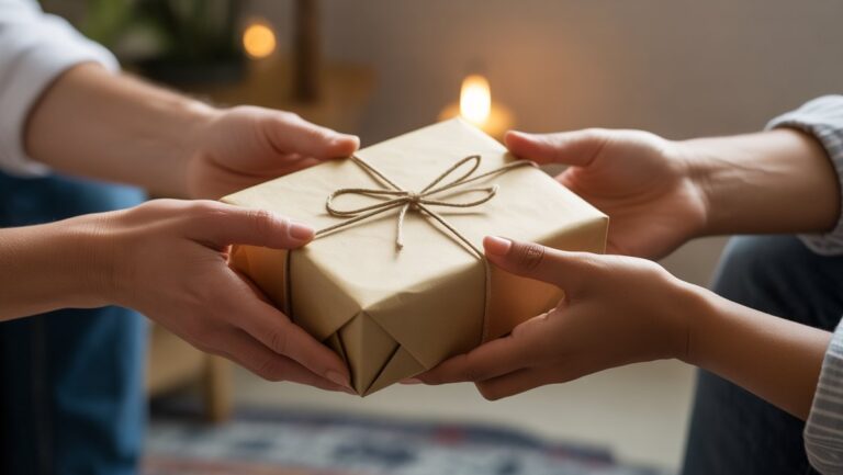 Realistiškos, įvairios rankos iš arti keičiasi apgalvotai apvyniota dovana, minkšta, šilta šviesa, perteikianti empatiją ir ryšį nesenstančioje aplinkoje.