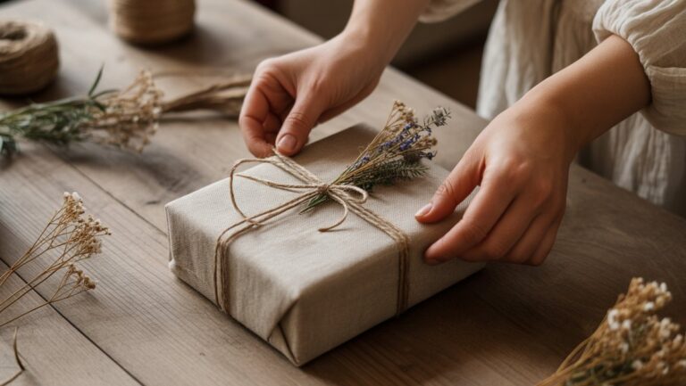 Realistiškas rankų iš arti apvyniojant dovaną su natūraliais skalbiniais, džiovintais laukinėmis gėlėmis ir virvele ant kaimiško medinio stalo, minkštos šiltos šviesos, tradicinės lietuviškos estetikos.