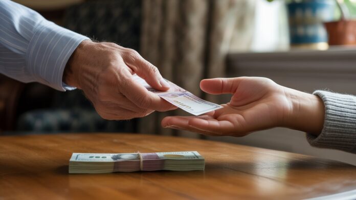 Realus vyresniojo rankos vaizdas, padovanojantis dovaną jaunesnei rankai, subtilią krūvą banknotų, matomų ant šilto medinio stalo. Sutelkite dėmesį į finansinį dosnumą ir šeimos ryšius.
