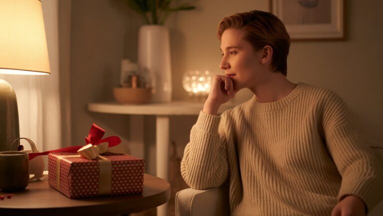 Realistiška apgalvoto žmogaus nuotrauka, subtiliai žvilgčiojanti į norimą dovaną šiltoje, kviečiančioje namuose, švelni aplinkos šviesa.