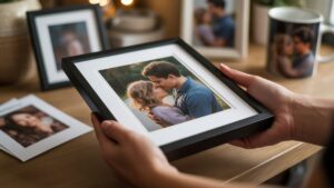 Realistiška, šilta atmosfera: rankų iš arti pateikiamos suasmenintos nuotraukos dovanos, pavyzdžiui, įrėmintą spausdinimą ar pritaikytą puodelį, su kitais nuotraukomis orientuotais daiktais, kurie yra švelniai supjaustyti fone, perteikdami nuoširdžius prisiminimus.