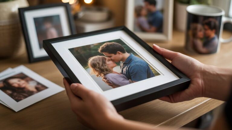 Realistiška, šilta atmosfera: rankų iš arti pateikiamos suasmenintos nuotraukos dovanos, pavyzdžiui, įrėmintą spausdinimą ar pritaikytą puodelį, su kitais nuotraukomis orientuotais daiktais, kurie yra švelniai supjaustyti fone, perteikdami nuoširdžius prisiminimus.