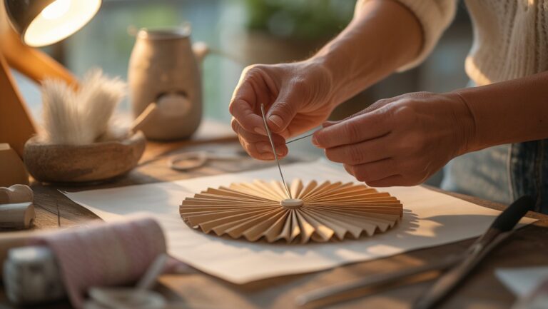 Realistiškas rankų iš arti, kruopščiai sukuriant unikalią, nuoširdžią „pasidaryk pats“ dovaną mamai, apsupta meninių medžiagų ir minkšta šviesa, perteikdama šilumą ir meilę.