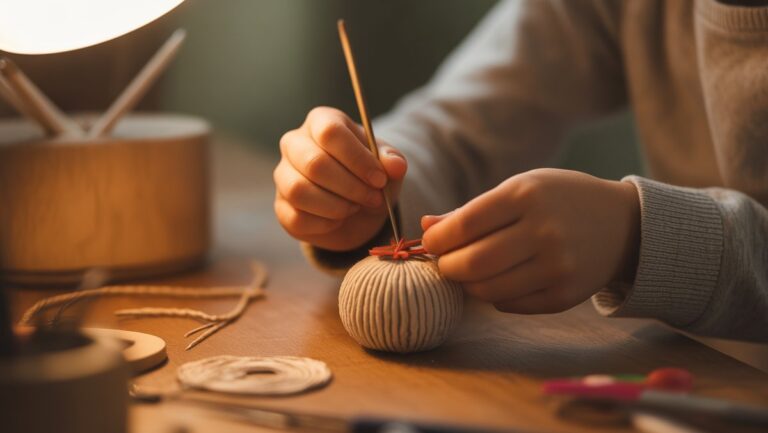 Iš arti, realus vaiko rankų kadras kruopščiai kaupia mažą, suasmenintą rankų darbo dovaną ant šilto medinio stalo, minkštos aplinkos šviesos.