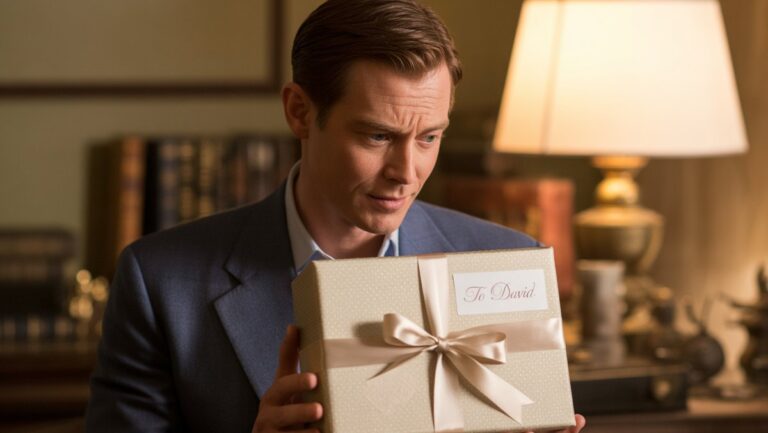 Realistiška vyro, trisdešimtmečio vidurio, nuotrauka, apgalvotai nagrinėjanti elegantiškai suvyniotą dovanų dėžę, švelnią šviesą, paskutinės minutės dovanų apmąstymą.