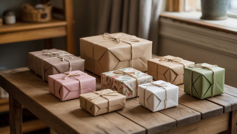 Realus gražiai pagamintų, įvairių ekologiškų dovanų, pagamintų iš matomai perdirbtų medžiagų, iš arti, išdėstytos ant kaimiško medinio stalo su minkšta natūralia šviesa.