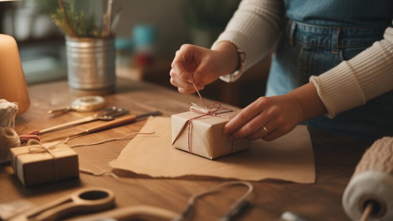 Realistiškas rankų iš arti, greitai apdaila paprasta, nuoširdi „pasidaryk pats“ dovana ant šiltai apšviesto medinio stalo, apsupto amatų medžiagų.