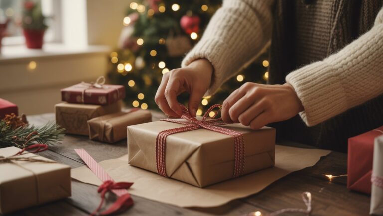 Realus rankų iš arti apvyniojant rankų darbo kalėdinę dovaną ant jaukaus, švelniai apšviesto stalo su šventiniu dekoravimu, šilta atmosfera.