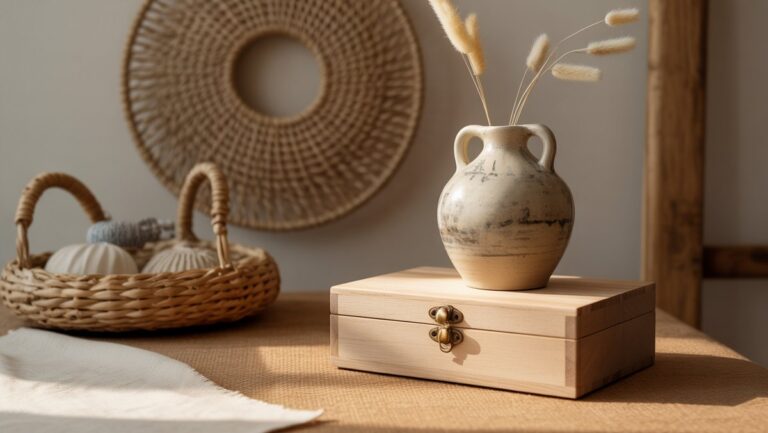 Realistiškas natiurmortas „Artisanal“ namų dekoravimo dovanos: unikali keraminė vaza, austi sienos kabinimas ir rankomis dažyta medinė dėžutė, maudoma minkštoje, natūralioje šviesoje ant šilto tekstūros paviršiaus. Iššaukia jaukų meistriškumą.