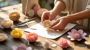 Realus elegantiškų rankų, sumaniai formuojančių sudėtingas popierines gėles, iš arti, apsuptas įvairių unikalių, gražiai pagamintų popierinių dovanų kolekcijos ant saulės apšviestos medinio stalo.