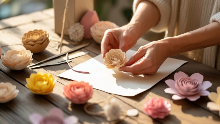 Realus elegantiškų rankų, sumaniai formuojančių sudėtingas popierines gėles, iš arti, apsuptas įvairių unikalių, gražiai pagamintų popierinių dovanų kolekcijos ant saulės apšviestos medinio stalo.