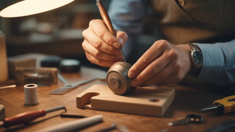 Realus vaizdas: kvalifikuotos rankos kruopščiai kaupia unikalią rankų darbo dovaną vyrui, apsuptas kūrybinių įrankių, minkšto, šilto apšvietimo.