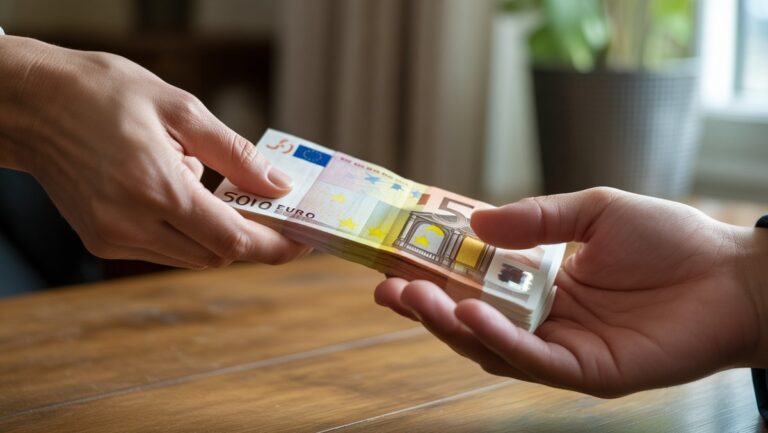 Realistiškas rankos iš arti atiduodama krūvą euro banknotų kitai priėmimo rankai. Minkštas, šiltas apšvietimas, apgalvota atmosfera.