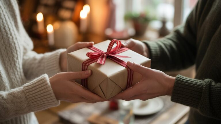 Realus rankų iš arti, grakščiai apsikeitęs apgalvotai apvyniota dovana. Šiltas, kviečiantis šviesa, su subtiliai neryškiu fonu, siūlančiu tradicinius Lietuvos namus.