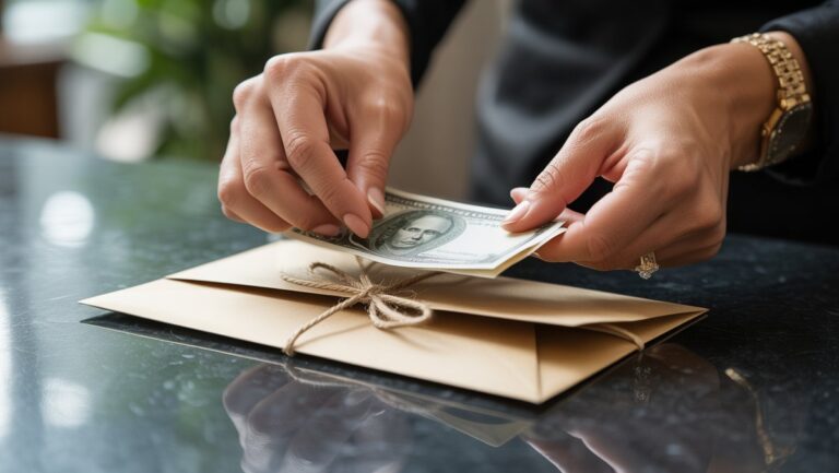 Atidus, realus elegantiškų rankų kadras, kruopščiai įdedantis pinigus į prašmatnų, minimalistinį dovanų voką ant poliruoto paviršiaus su minkšta šviesa.