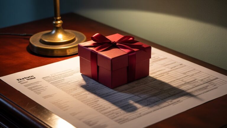 Gražiai suvyniota dovanų dėžutė, liejanti ilgą, išankstinį šešėlį, primenantį oficialias mokesčių formas, realistišką, tamsią ir nuotaikingą atmosferą.