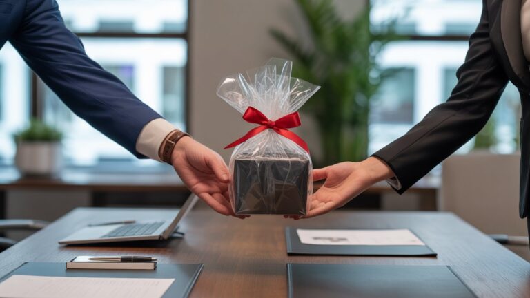 Realistiškos: profesionalios rankos švelniai siūlo rafinuotą, elegantiškai apvyniotą verslo dovaną per modernų biuro stalą, sukurdama pagarbią, modernią atmosferą.