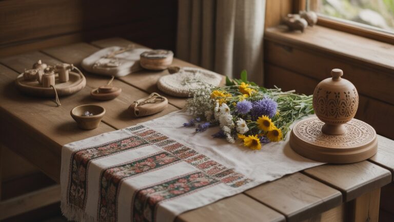 Realistiška tradicinių lietuviškų dovanų nuotrauka: kaimiškas medinis stalas, pakrautas su laukinėmis gėlėmis, rankų darbo tekstilės amatais ir sudėtingais mediniais raižiniais po minkšta, šilta natūrali šviesa.