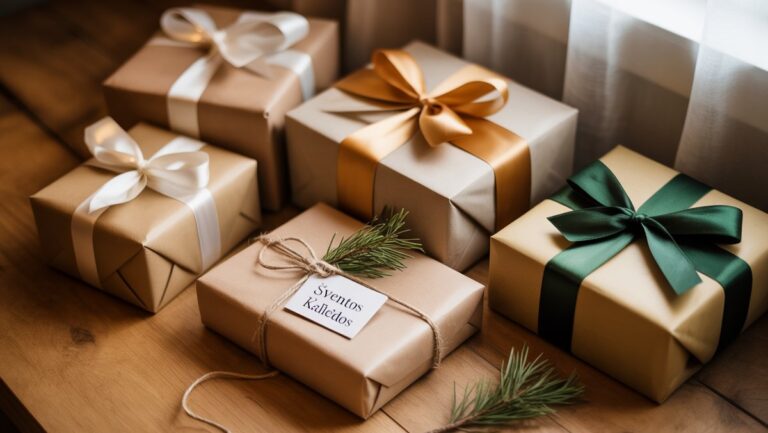 Realus įvairių, meniškai apvyniotų dovanų vaizdas ant šilto medinio stalo, švelni šviesa, iššaukiančios apgalvotos Lietuvos šventės.