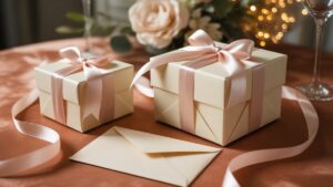 Realistiškos, elegantiškos vestuvių dovanų dėžutės su juostelėmis šalia subtilaus, skonio voko ant šilto, prabangaus paviršiaus, minkštas šventinis apšvietimas.