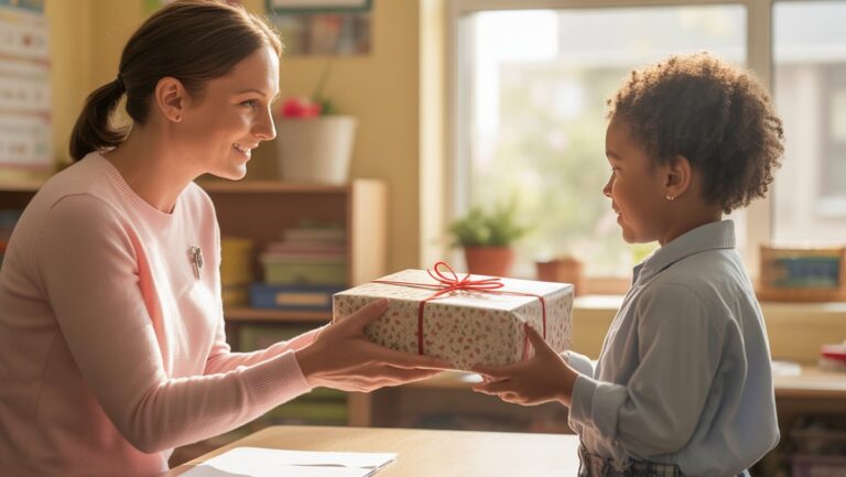 Realistiškas, nuoširdus jaunas studentas, pagarbiai pateikęs apgalvotą, kukliai apvyniotą dovaną maloniam, vertinamam mokytojui šiltoje, saulės apšviestoje klasėje. Sutelkite dėmesį į abipusę pagarbą ir nuoširdų dėkingumą.