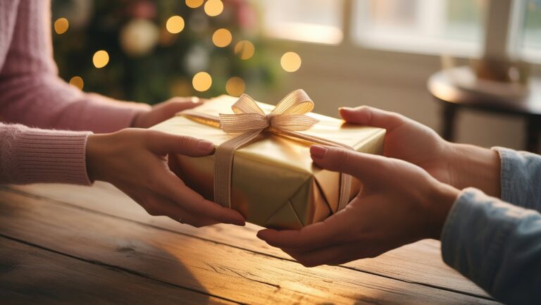 Realistiška rankų nuotrauka, švelniai apsikeičianti gražiai suvyniota dovana, išsimaudoma šilta, švelnia šviesa, iššaukiančiu džiaugsmu, dėkingumu ir puoselėjamais prisiminimais.