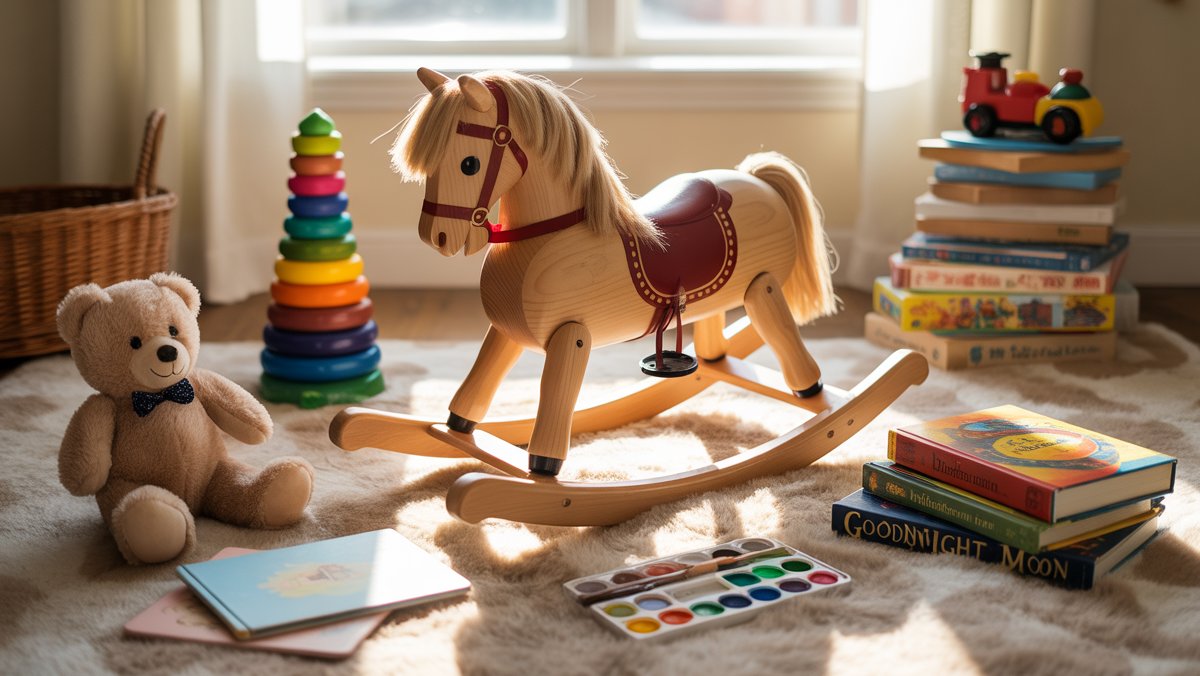 Realistiška įvairių, amžių tinkamų žaislų ir dovanų nuotrauka, gražiai išdėstyta jaukiai, saulės apšviestoje vaikų kambaryje.