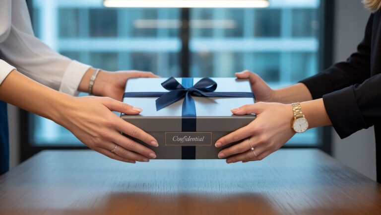 Profesionalios rankos keičiasi elegantiška verslo dovana šiuolaikiniame biure, švelni aplinkos šviesa, realistiška nuotrauka.