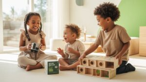 Ryški, tikroviška scena: laimingi vaikai, užsiimantys stilingomis, ateities dovana, suderinančiomis technologijas ir tvarumą moderniame, saulės apšviestoje kambaryje.